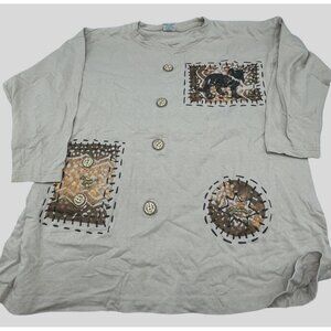 Cesucci long sleeve shirt buttons boho animals cotton brown gold black READ